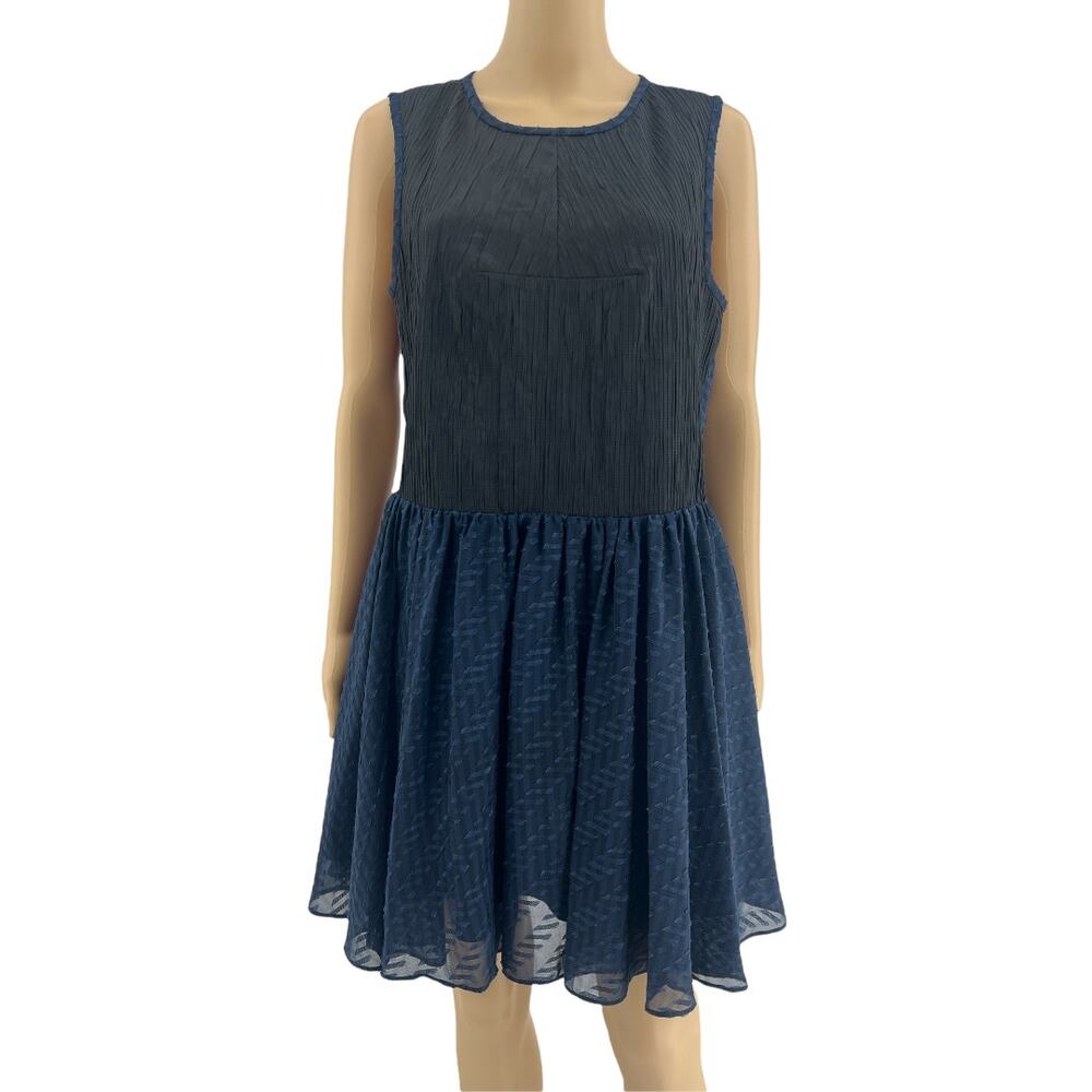 Rachel Rachel Roy US 12 Blue Black Crinkle Pleat Fit & Flare Mini Dress